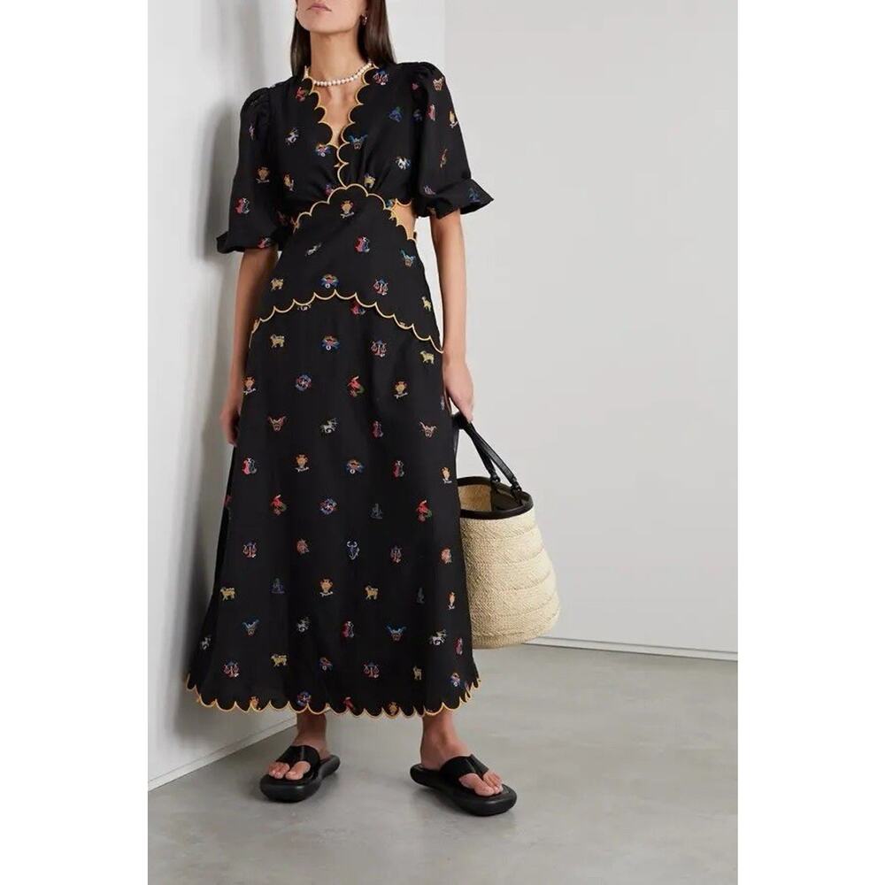 FARM RIO Cutout Scalloped Embroidered Linen Blend Midi Dress Size M - Picture 4 of 9